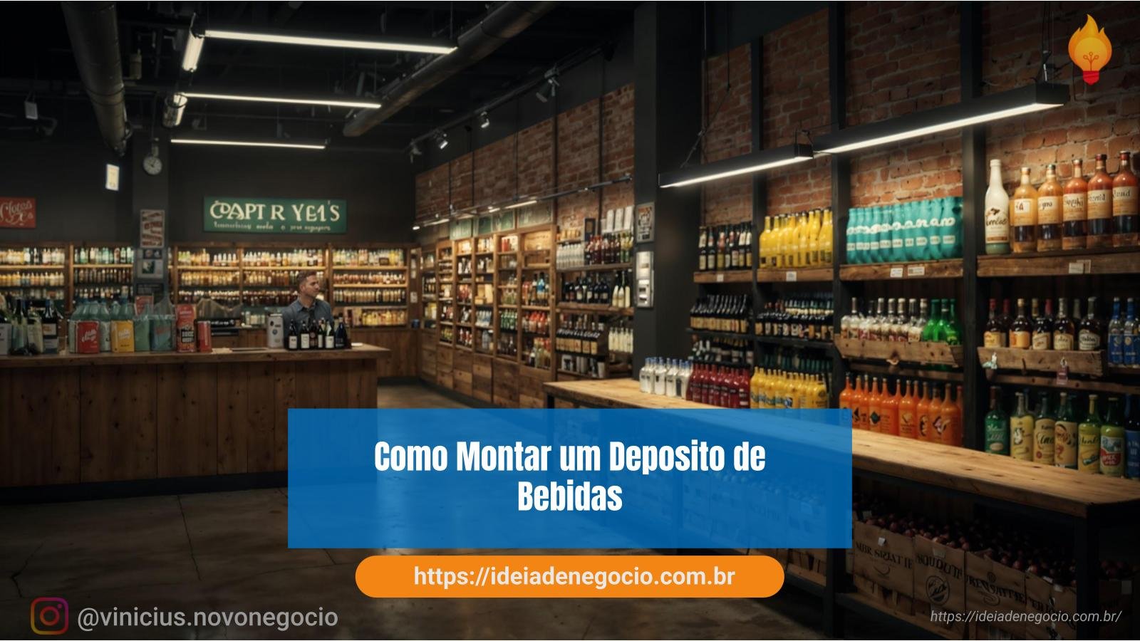 Depósito de bebidas organizado com prateleiras e produtos